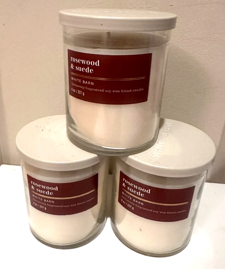 Bath & Body Works Rosewood & Suede Single Wick Candles - 8 oz (3 Candles)