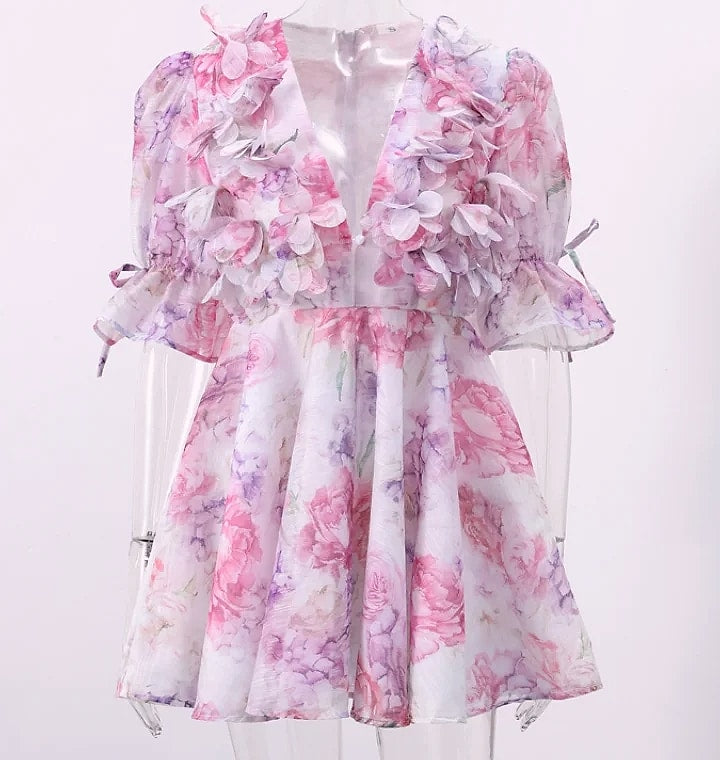 Chic Floral Printed Mini Dress Backless Sleeveless Hem Stacking Dresses Sweet A Line Vestidos 2025 New Lady Party Club Clothing