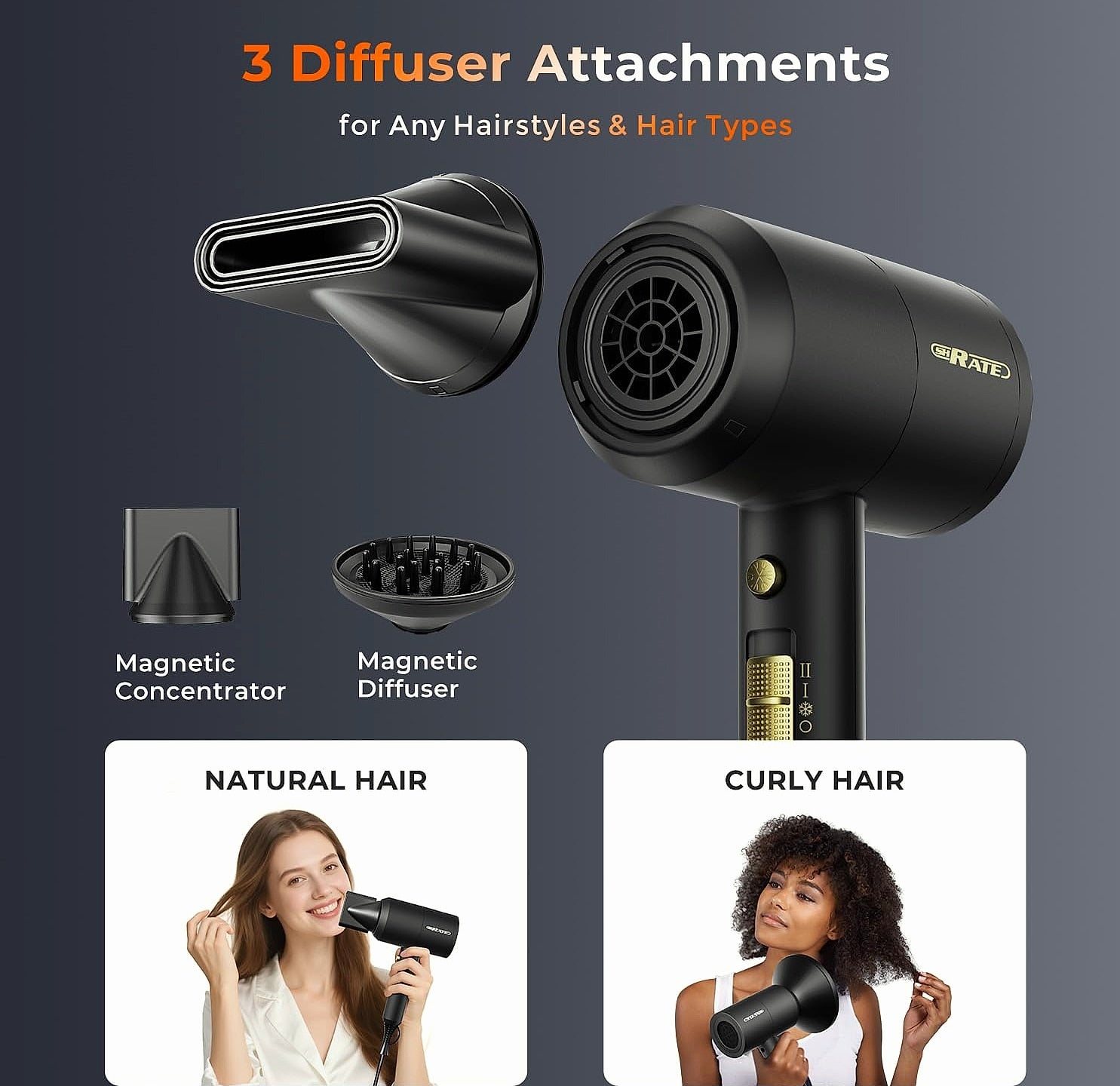 SHRATE Ionic Hair Dryer with Diffuser, 1800W Professional Blow Dryer