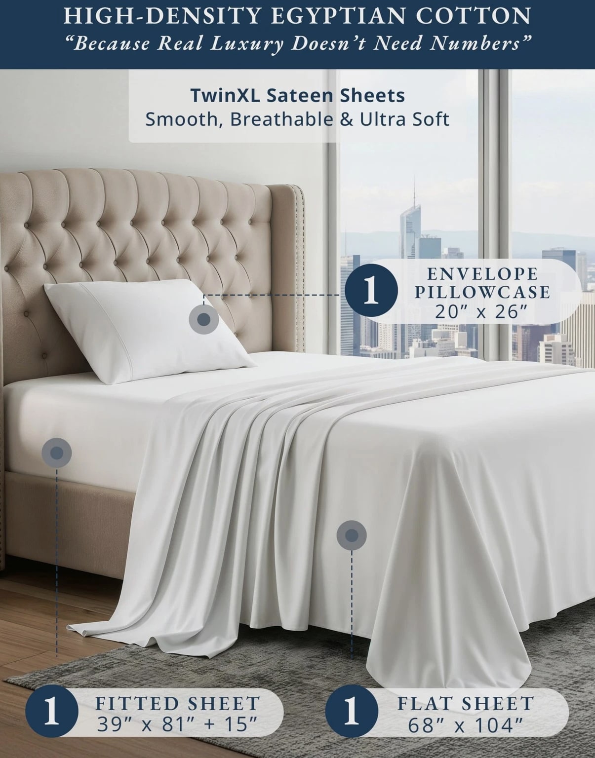 Extra Long Twin Sheets 100% Egyptian Cotton 15 Deep Pocket White LANE LINEN