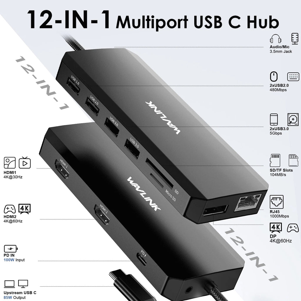 12-in-1 5Gbps USB3 USB C Hub Triple Display USB C Dock Multiport 2x HDMI DP RJ45