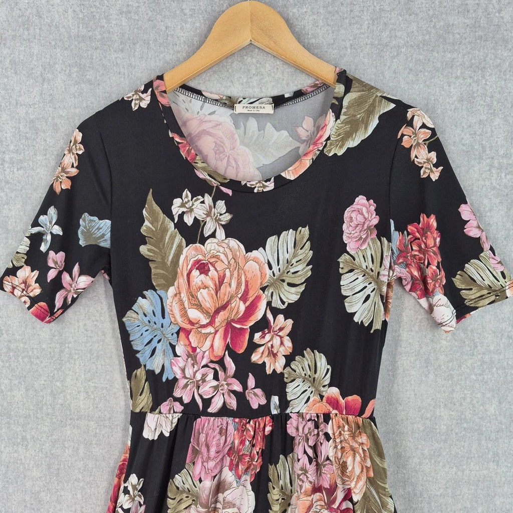 Vintage Promesa Dress Medium Romantic Black Floral Midi Fit Flare Pockets Boho