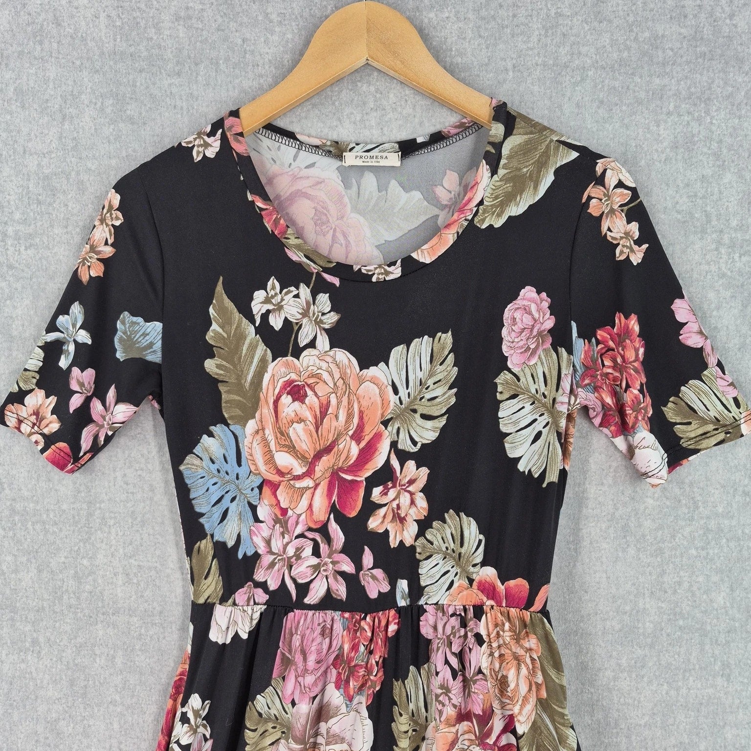 Vintage Promesa Dress Medium Romantic Black Floral Midi Fit Flare Pockets Boho