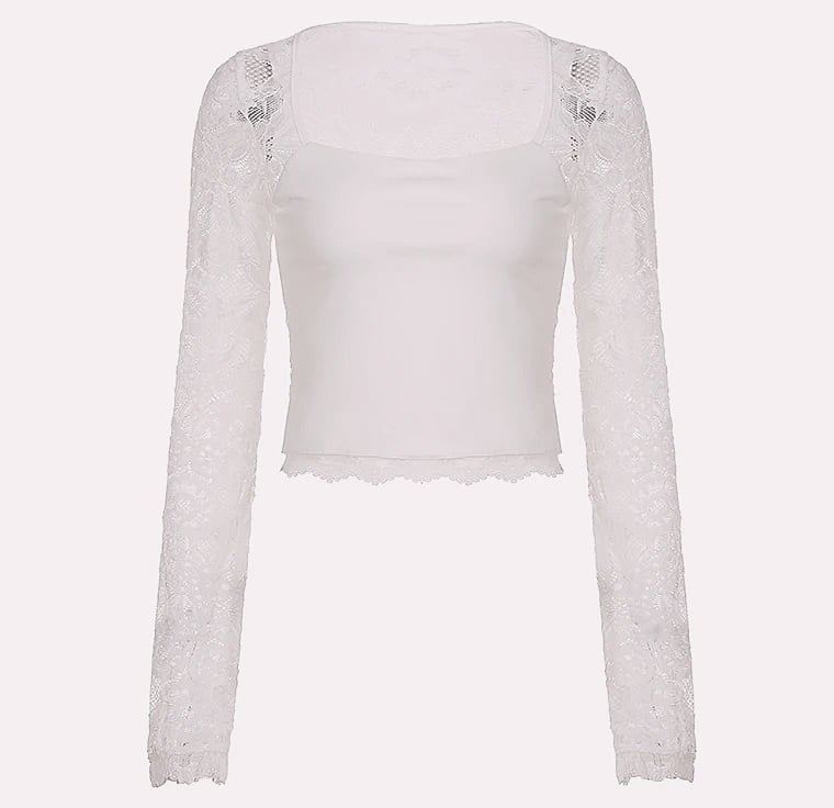 Lace-trimmed Patchwork Long-sleeve Top with Square Neck