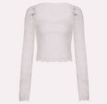 Lace-trimmed Patchwork Long-sleeve Top with Square Neck