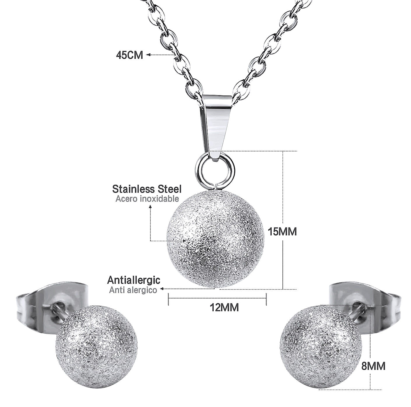 LUXUSTEEL Stainless Steel Round Ball Pendant Necklace Set