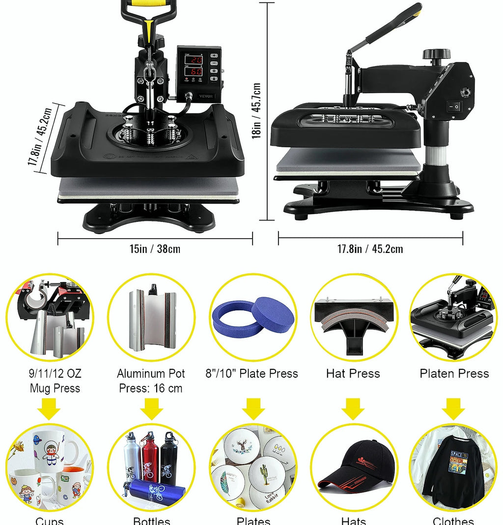 SucceBuy 12x15" Heat Press 5-in-1 Combo Machine with Dual Heating