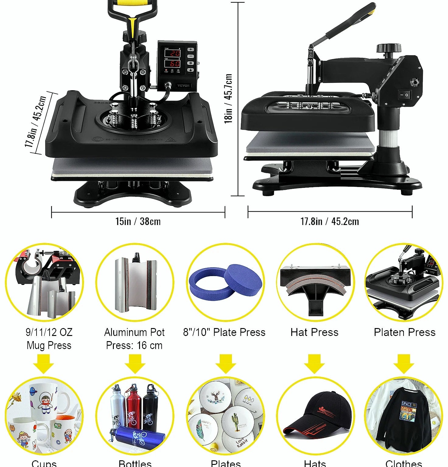 SucceBuy 12x15" Heat Press 5-in-1 Combo Machine with Dual Heating