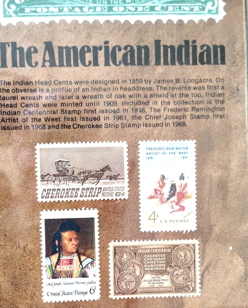 Vintage Framed 8 Indian Head Penny Coins and 4 Stamps "The American Indian" #A