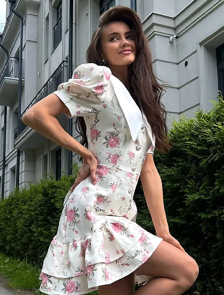 btuce Floral Printed A-line Dress with Puff Sleeves