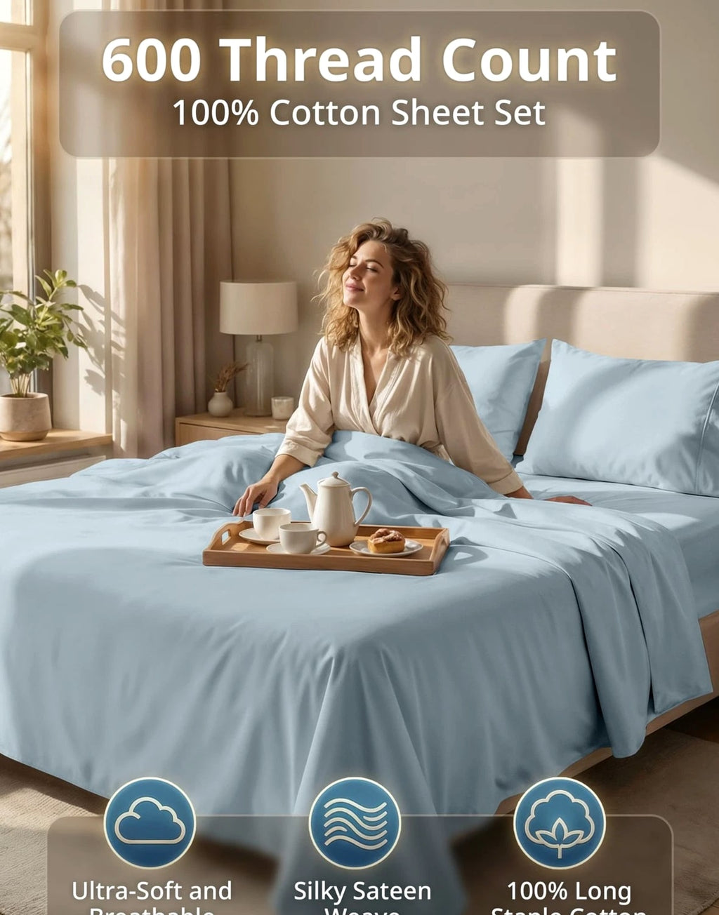 King Size Bed Sheets 600 Thread Count 100% Cotton Blue LANE LINEN Long-Staple