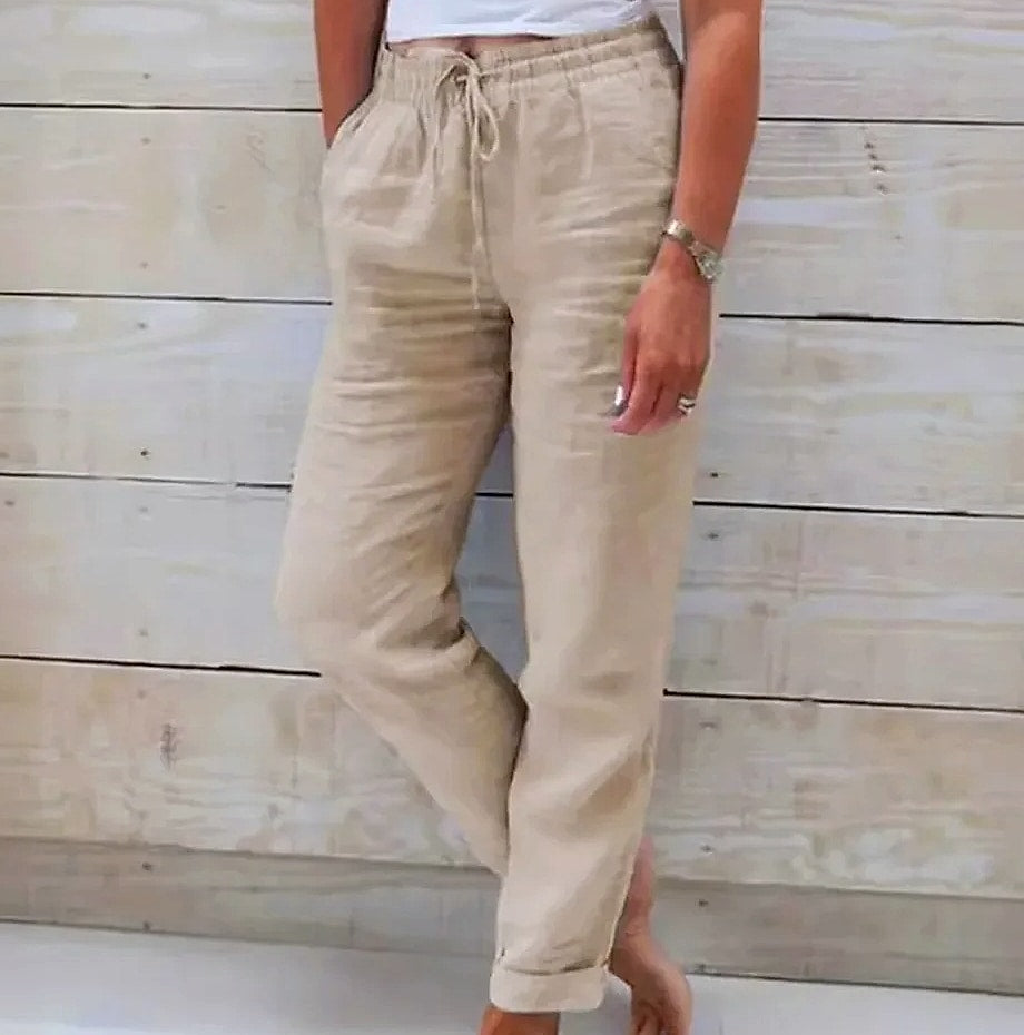 BAVFD Women's Cotton Linen Casual Pants Elastic Waist