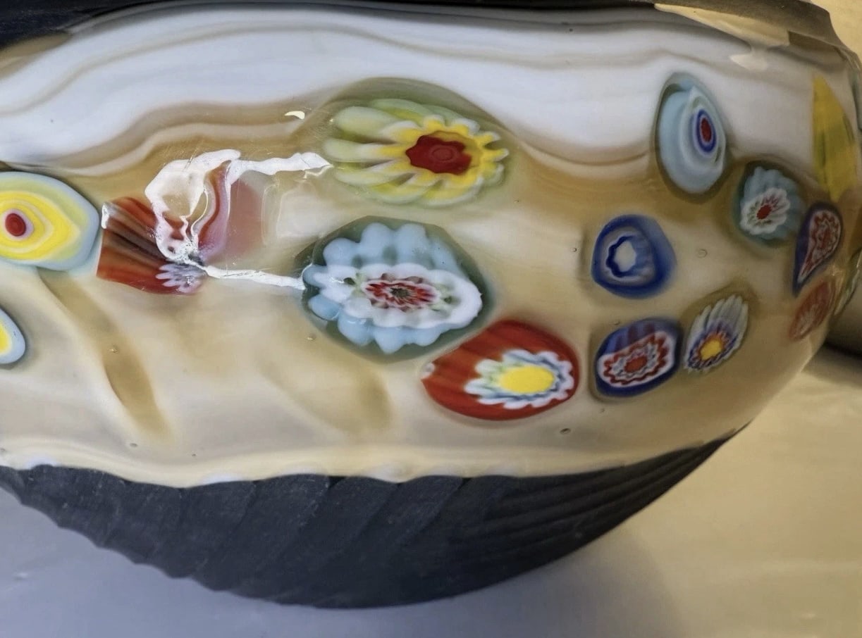 Stunning Yellow And Brown Pottery And Glass Millefiori Vase