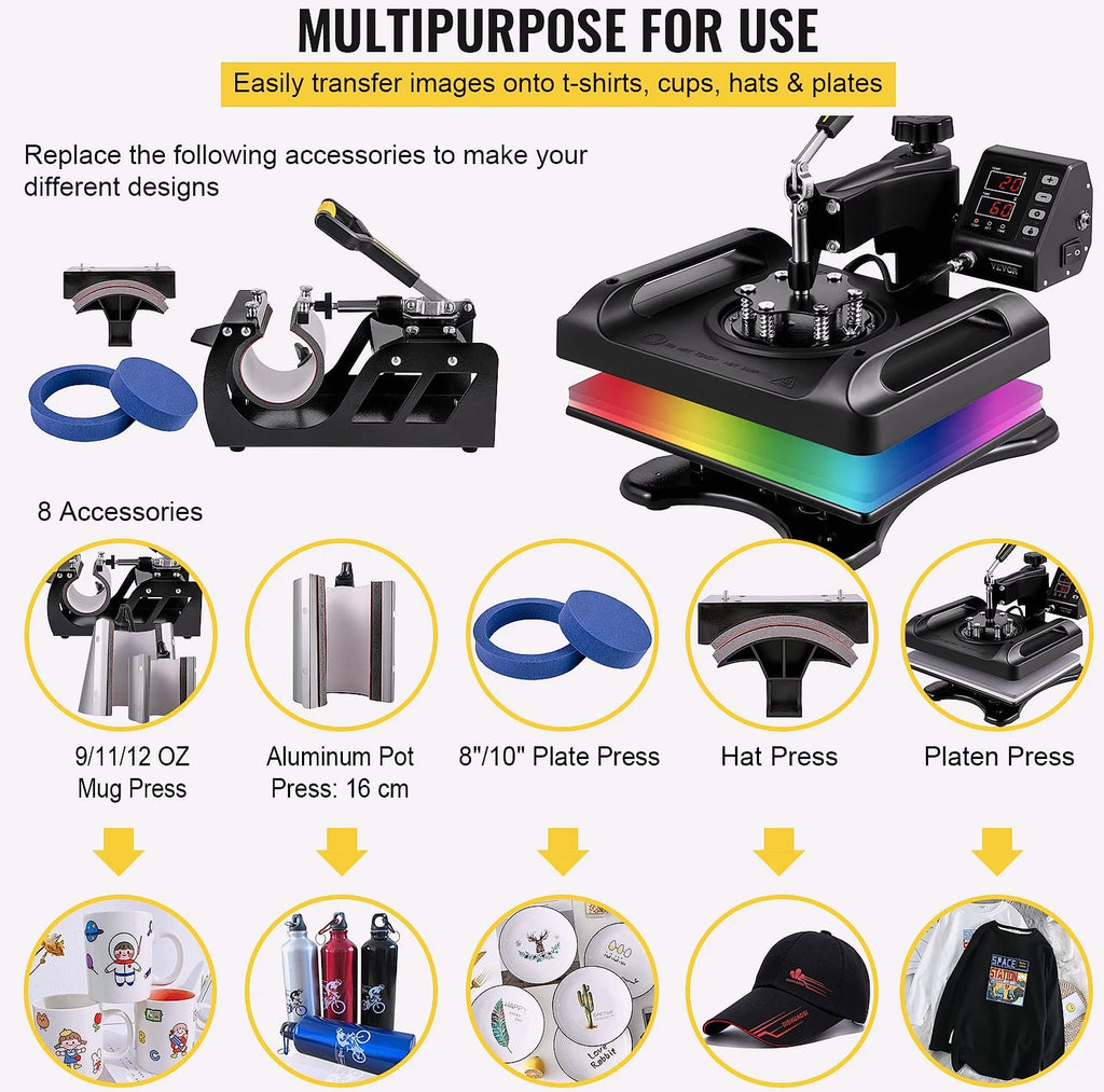 SucceBuy 30x38cm 8-in-1 Heat Press Machine with 360 Rotation
