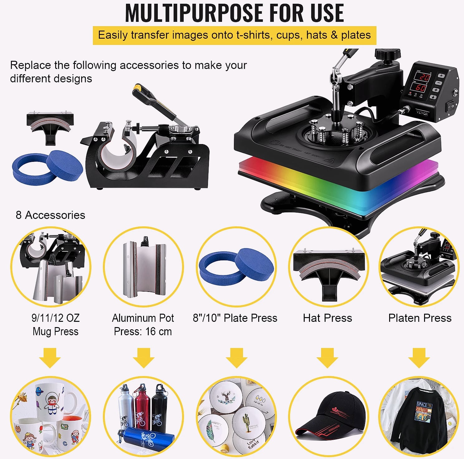 SucceBuy 30x38cm 8-in-1 Heat Press Machine with 360 Rotation