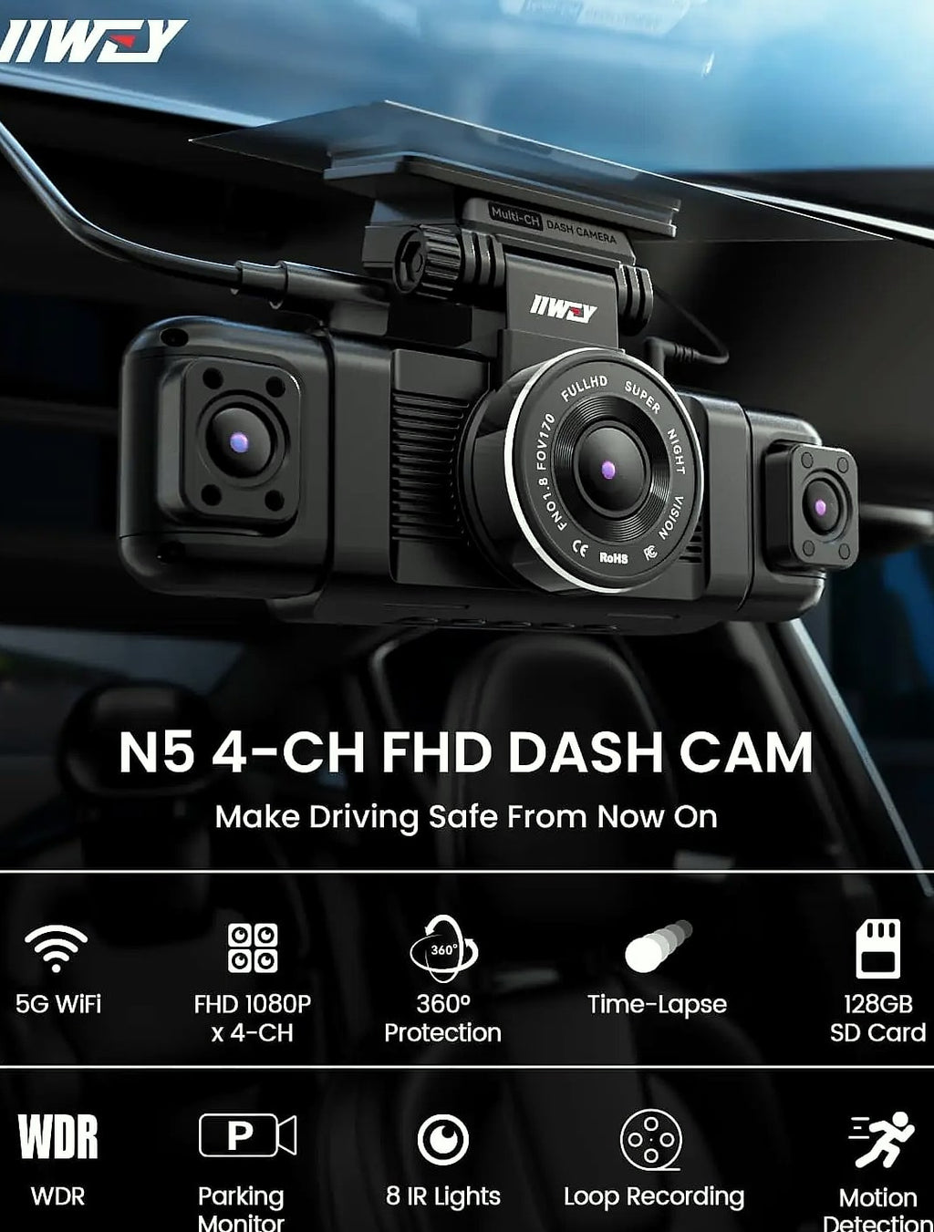 Kankeirr N5 4 Channel Dash Cam 360° View 1080P