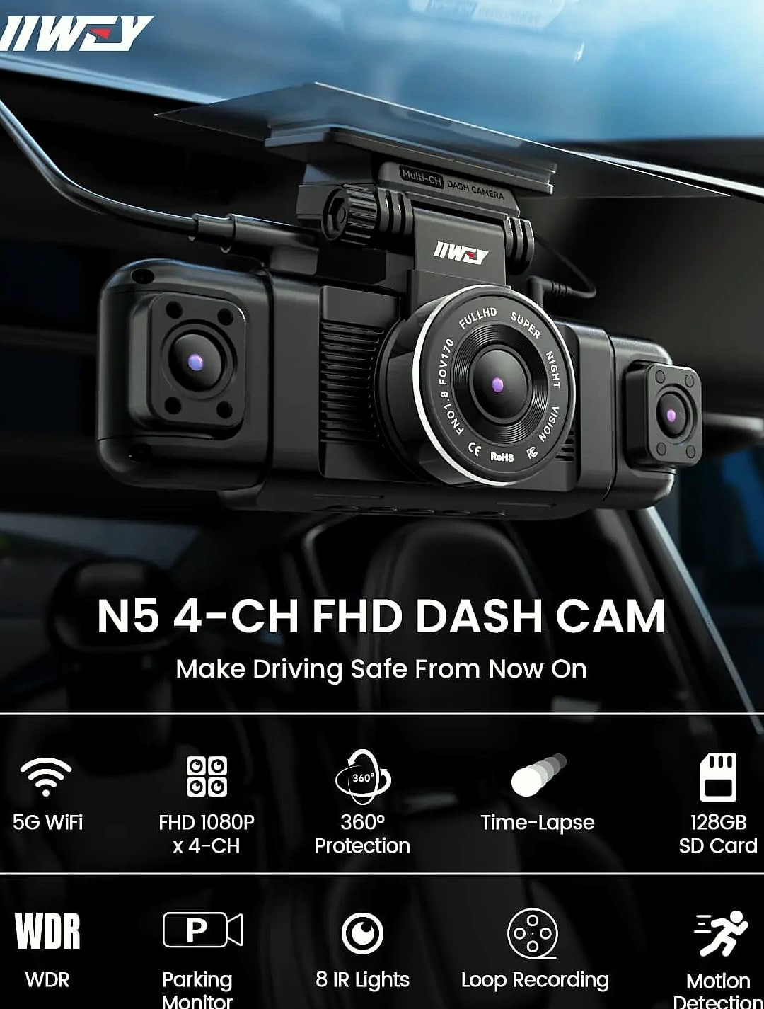 Kankeirr N5 4 Channel Dash Cam 360° View 1080P