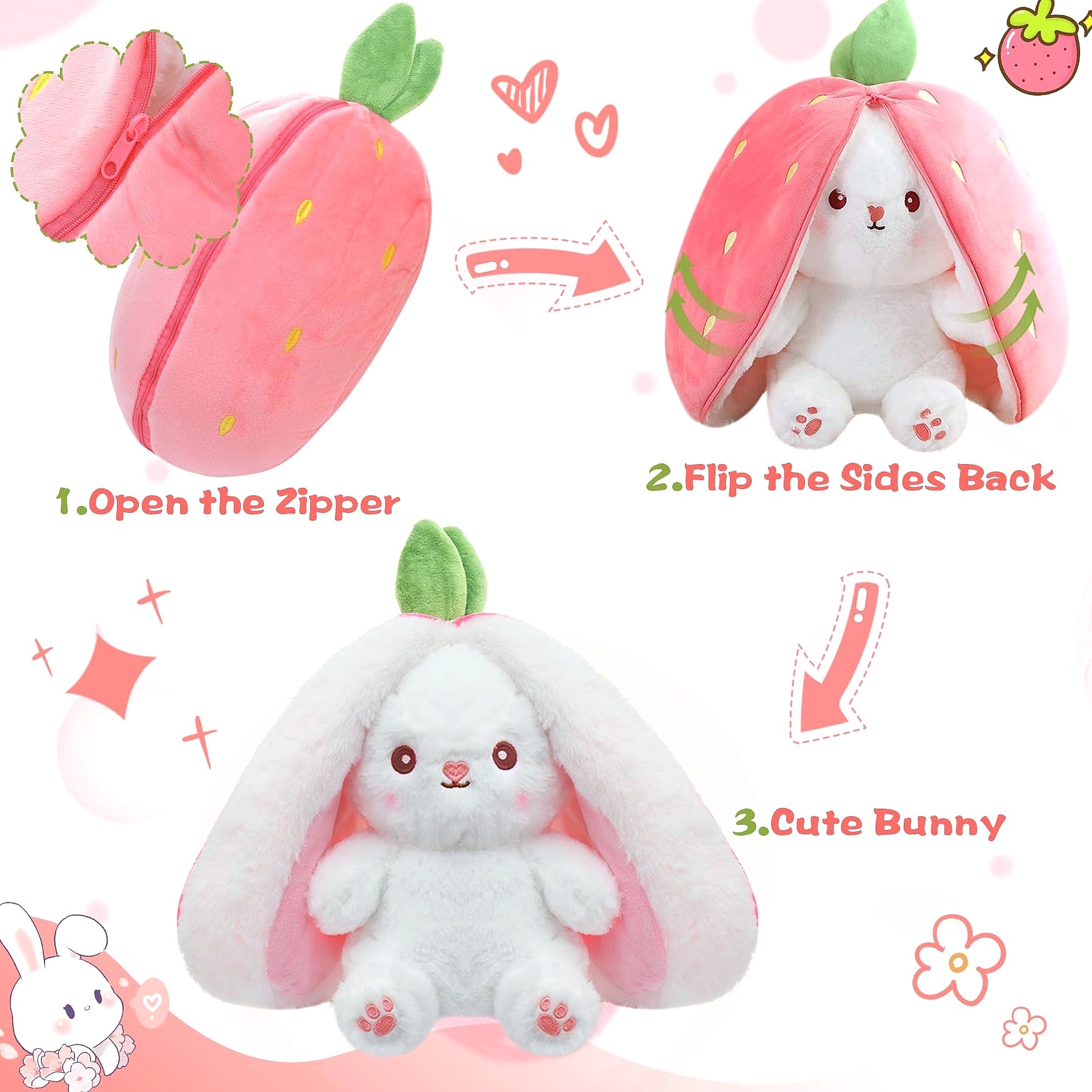 MIAODAM Reversible Strawberry Bunny Plush Toy, 7 inch