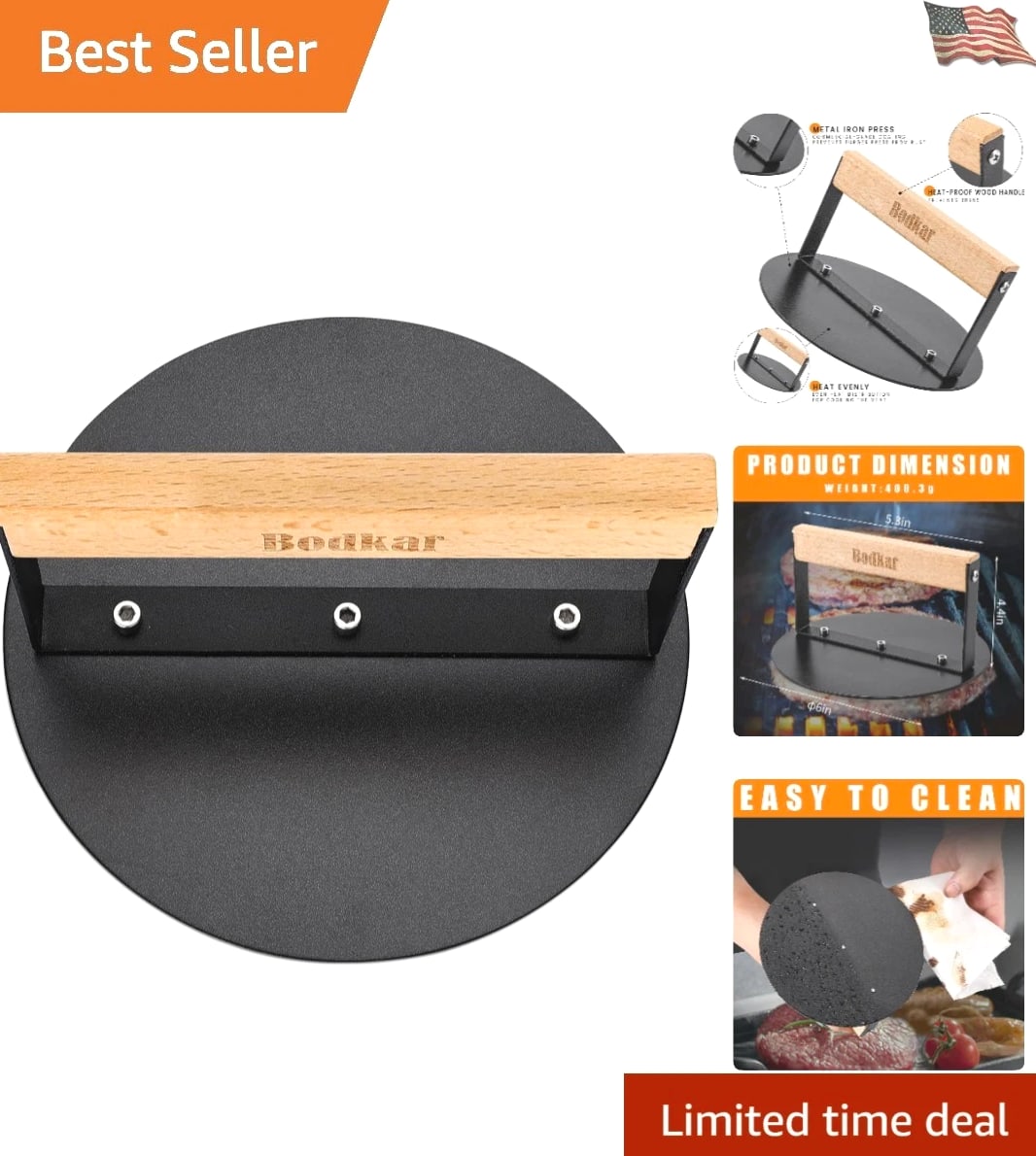 Elegant 6-Inch Smash Burger Press with Wood Handle for Perfect Grilling