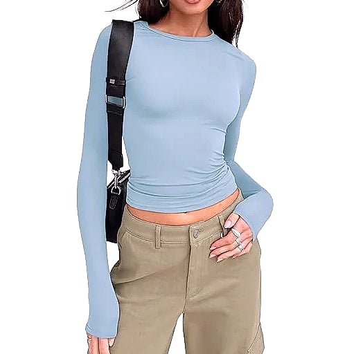 Women's Long Sleeve Crew Neck T-Shirt Slim Fit Solid Tee
