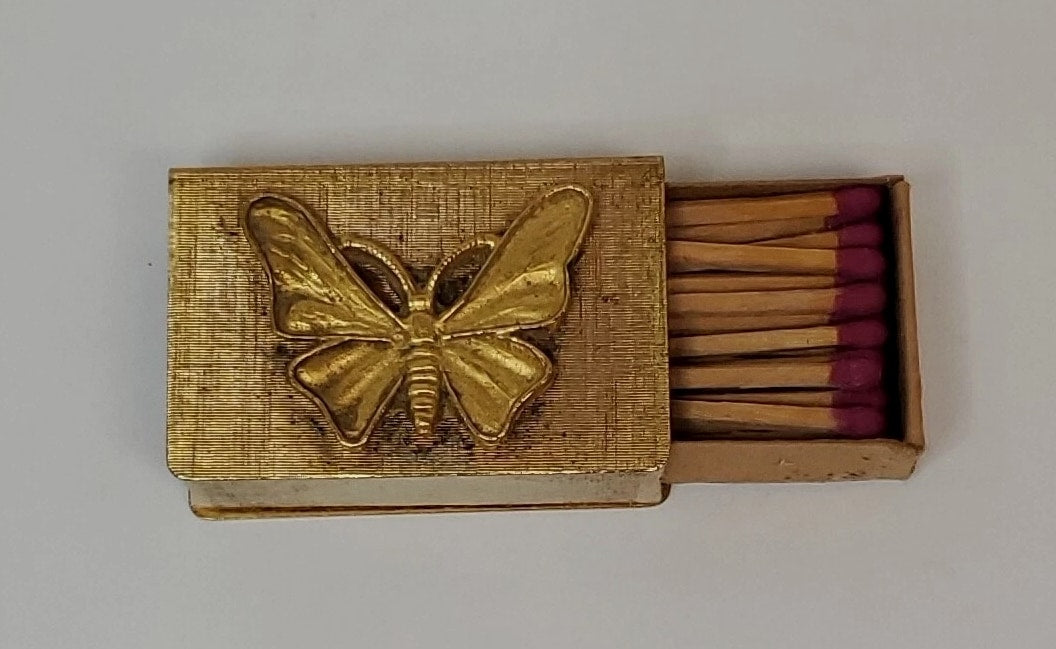 Vintage Butterfly Match Stick Holder Gold 1.75 X 1 inch 1950s