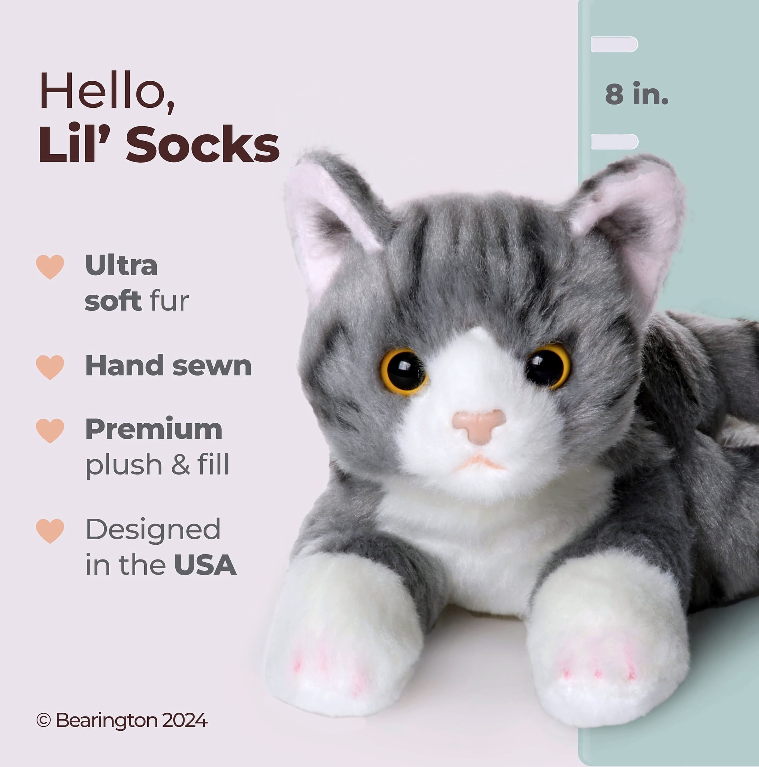 Bearington Lil' Socks 8 inch Gray Striped Cat Plush Toy