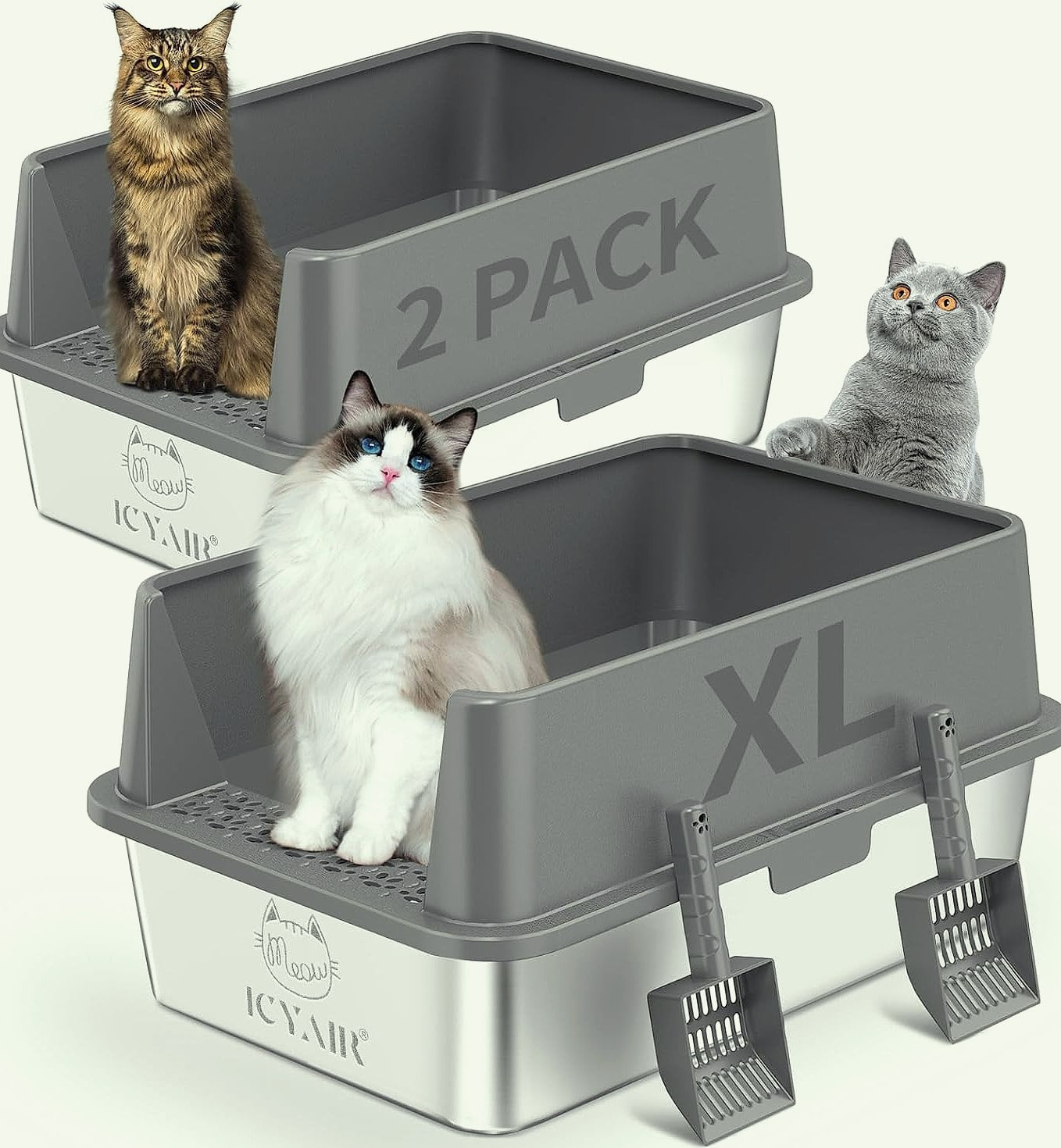 ICYAIR Stainless Steel Cat Litter Box 2-Pack, Extra Large