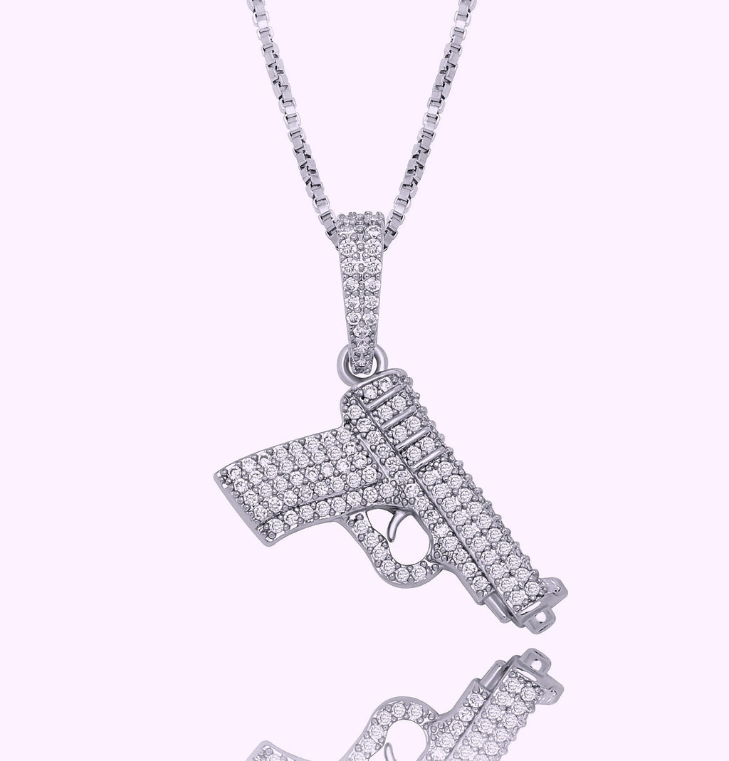 TOPGRILLZ 925 Sterling Silver Pistol Pendant Necklace