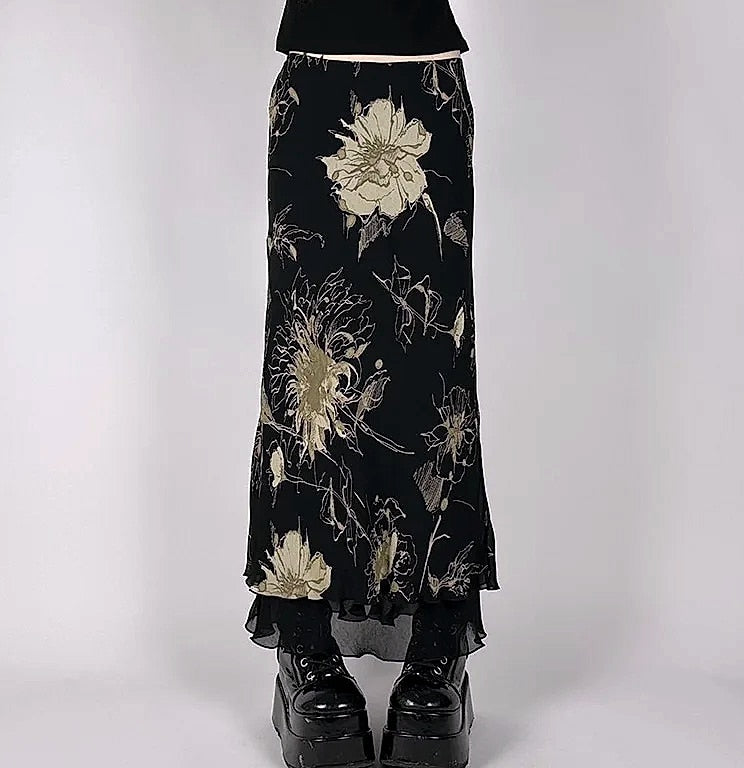 Goth Dark Y2K Double Layer Mesh A-Line Skirt Fairy