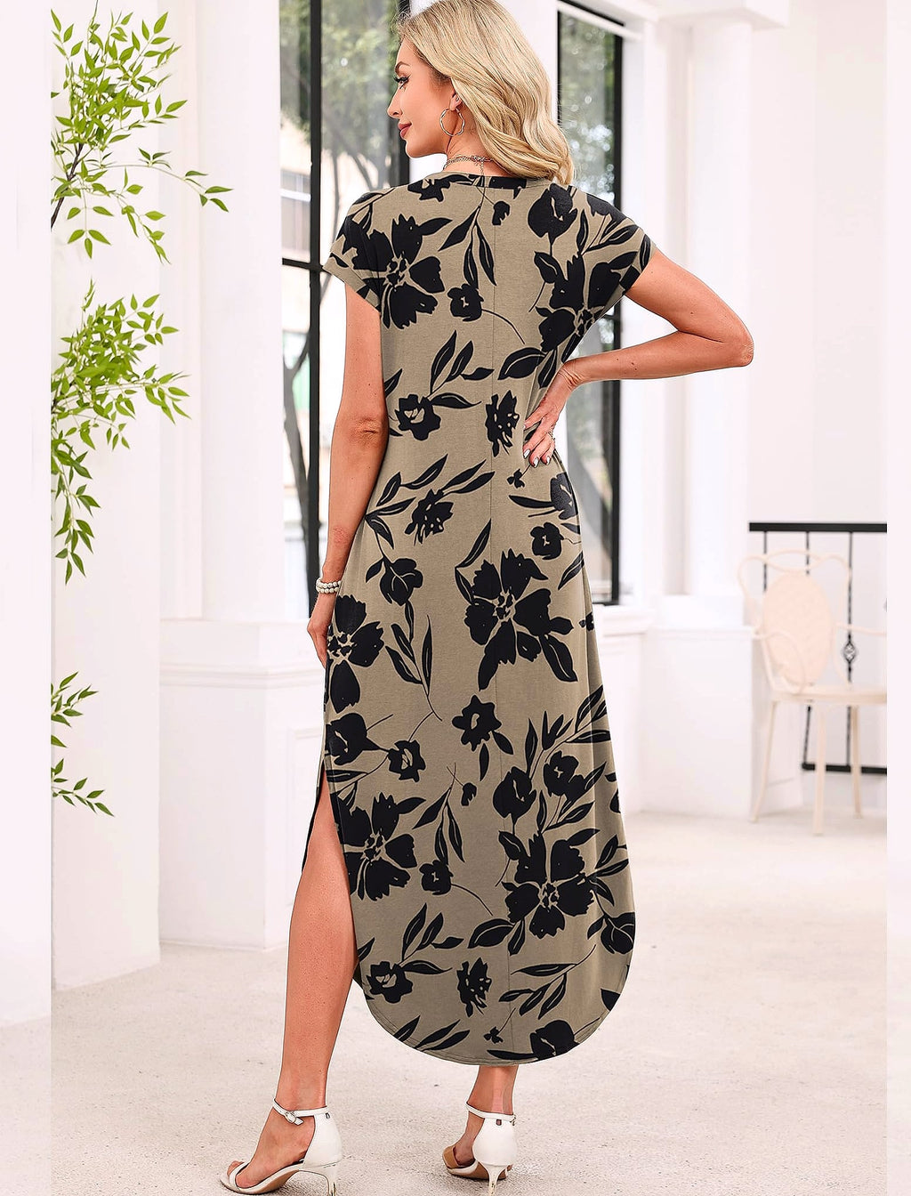 WIHOLL Summer Maxi Dress Cap Sleeve Crewneck with Pockets