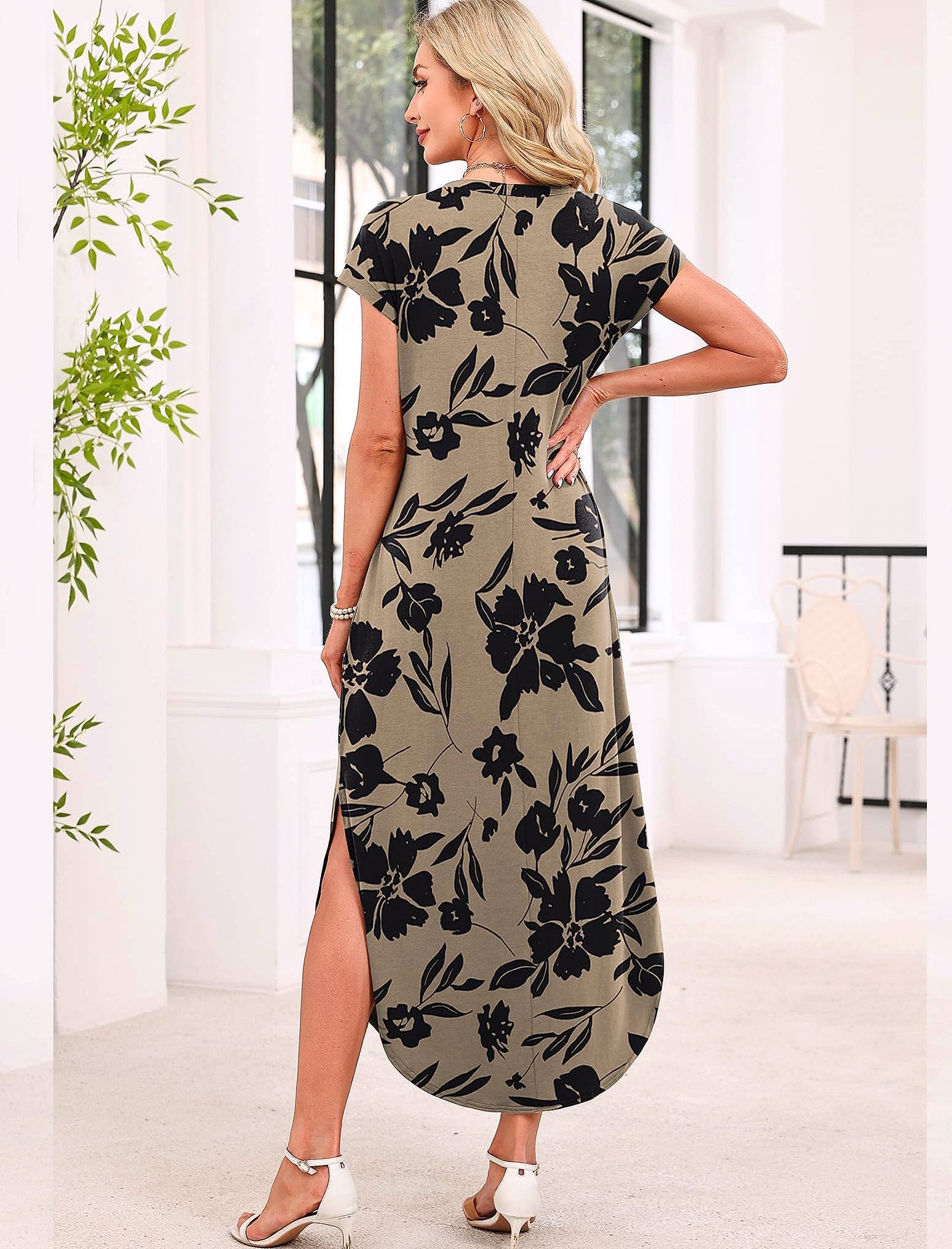 WIHOLL Summer Maxi Dress Cap Sleeve Crewneck with Pockets