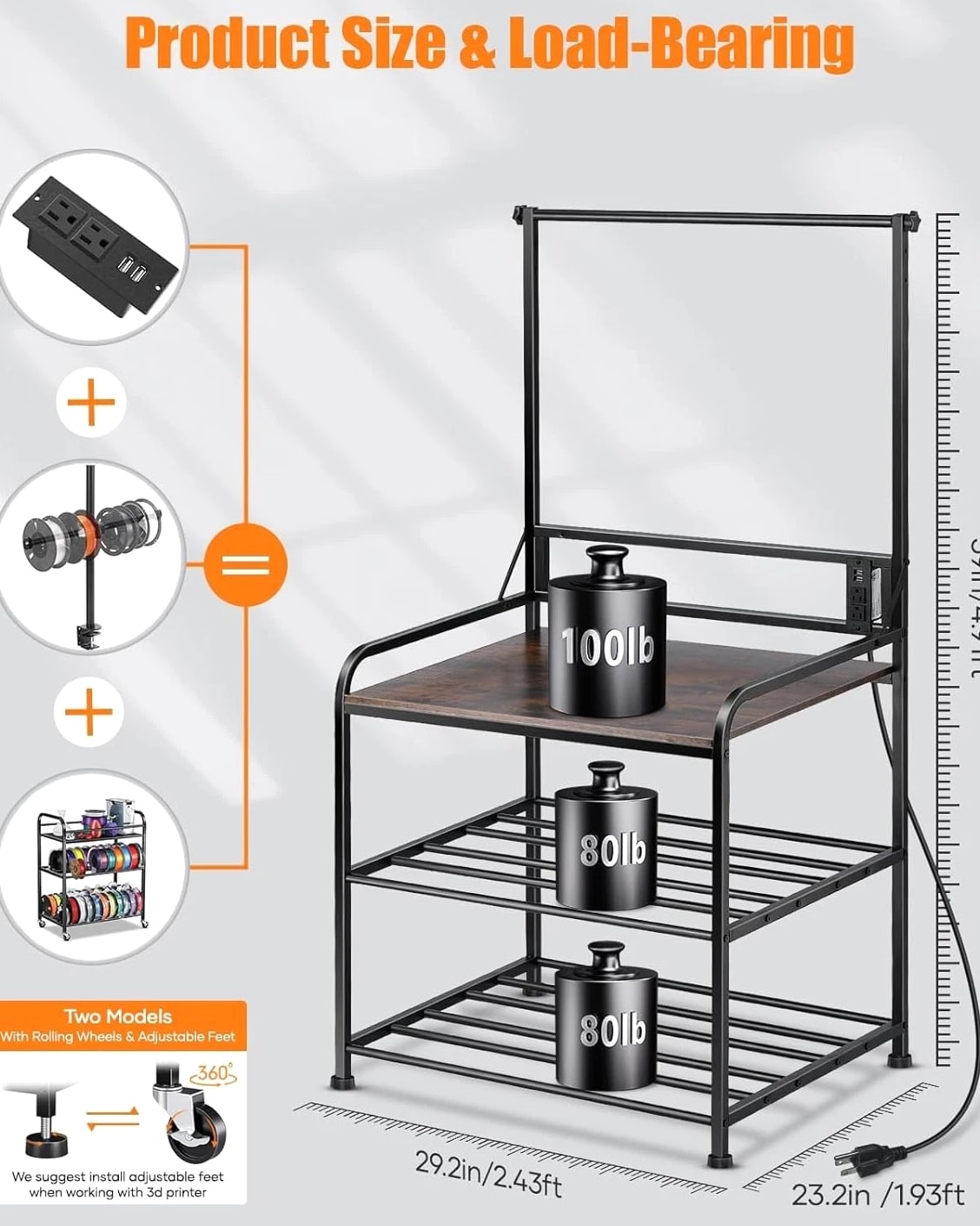 3D Printer Rack with Rolling Wheels, Filament Organizer for Garage & Workshop
