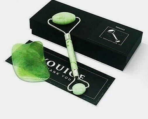 Natural Jade Roller with Gua Sha Lymphatic Drainage Tool for Face, Neck Anti-Aging