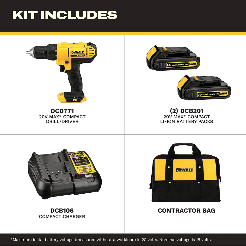 DeWalt DCD771C2 20V Cordless Drill Driver Kit with 2 Batteries