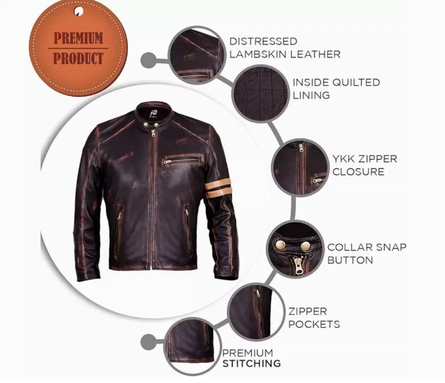 Men's Motorcycle Biker Leather Jacket Distressed Café Racer Genuine Lambskin