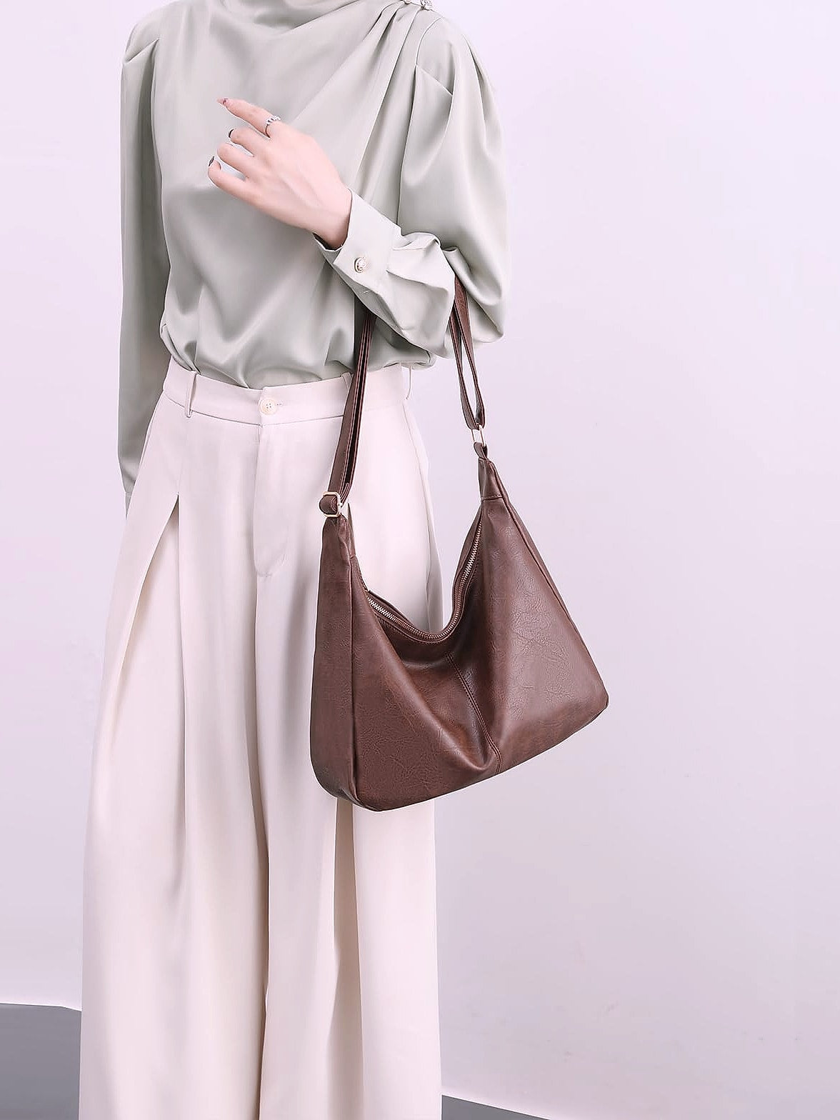 NIUEIMEE ZHOU Hobo Bag Foldable Vegan Leather Shoulder Handbag