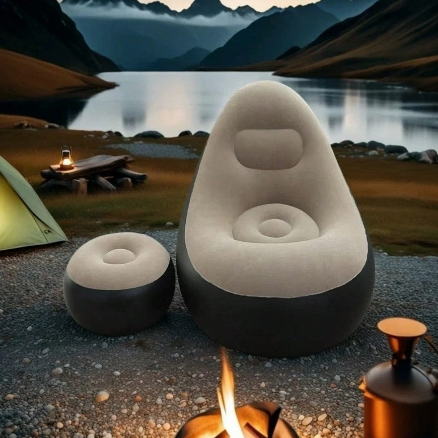 Plush Adult Inflatable Lounge Chair with Ottoman - Portable Cozy Air Sofa