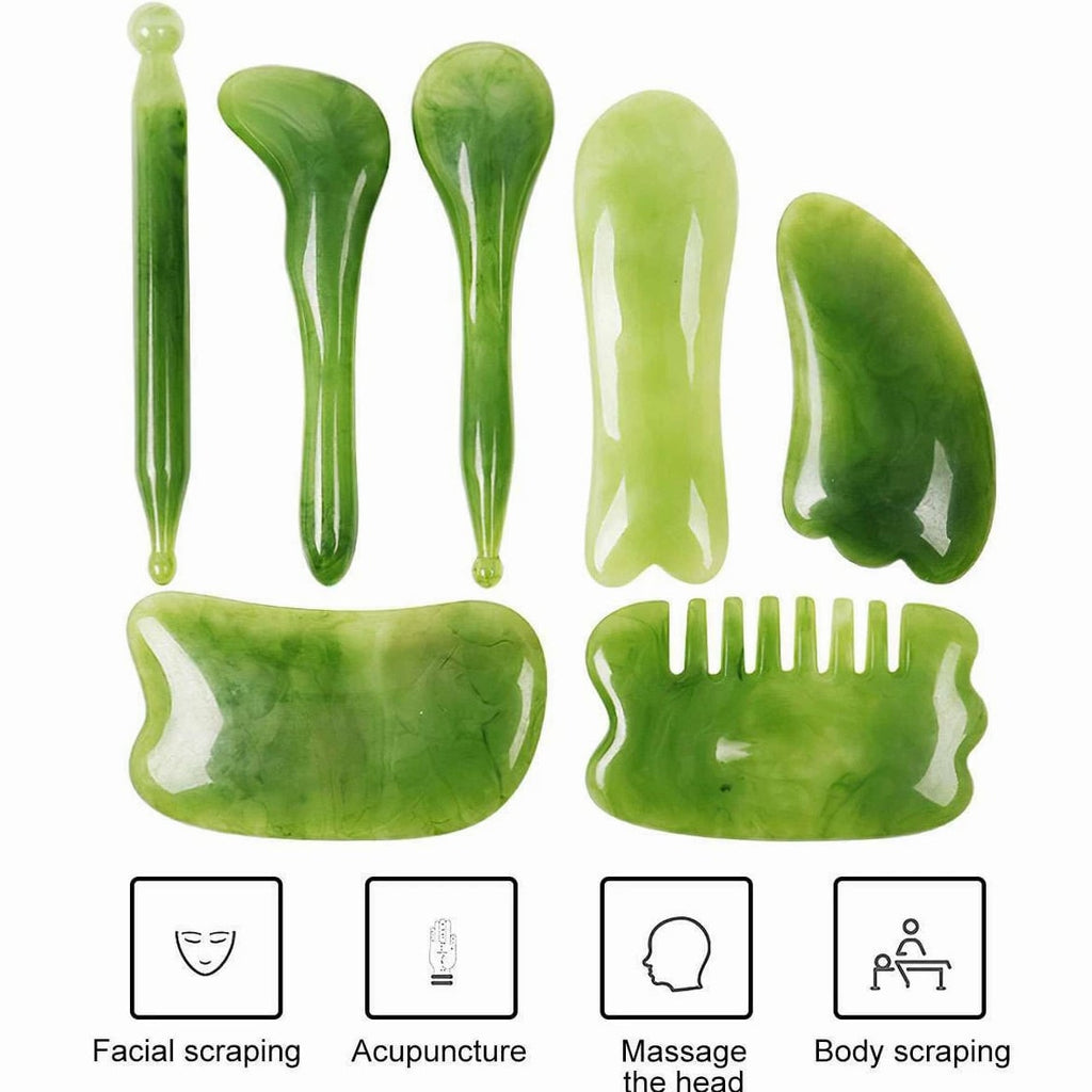 7 Pcs Jade Gua Sha Board Beauty Facial Roller Set Natural Face Neck Massager Tool