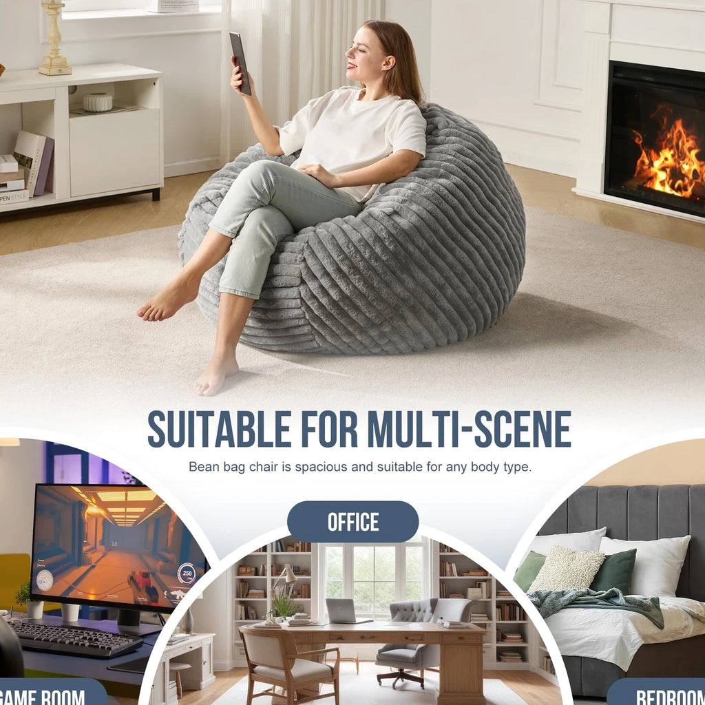 3ft Bean Bag Chairs for Adults, Large Beanbag Chair w/ Stripe Plush Cover Bi...