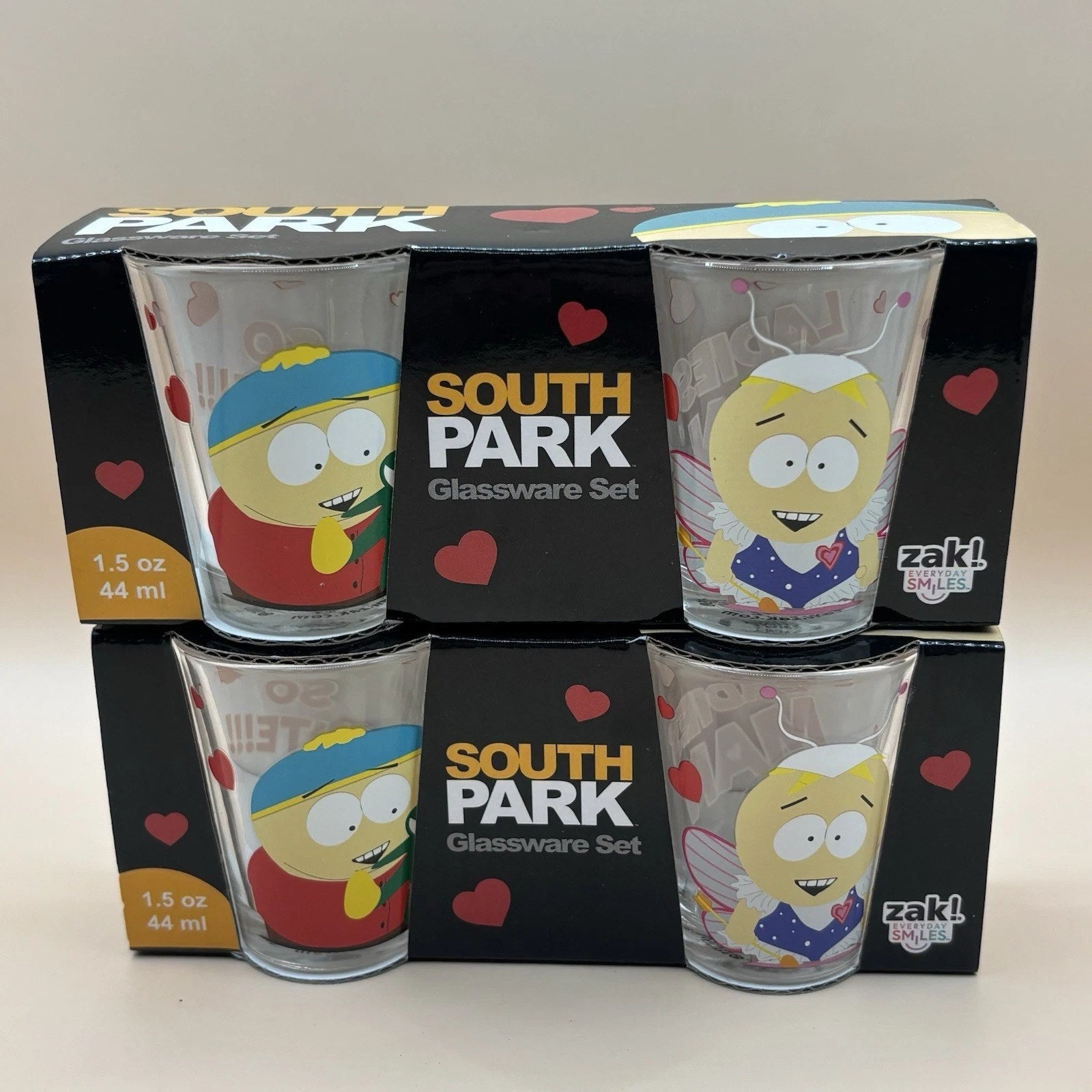 (2) Sets Of 2 South Park Glassware Shot Glasses 1.5 Oz. Valentine's Day New