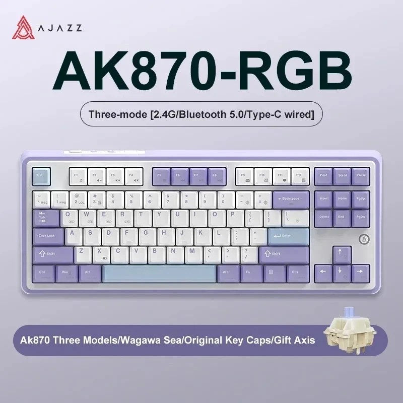 AJAZZ AK870 Tri Mode Hot Swap Mechanical Keyboard Gift Switch - Purple White