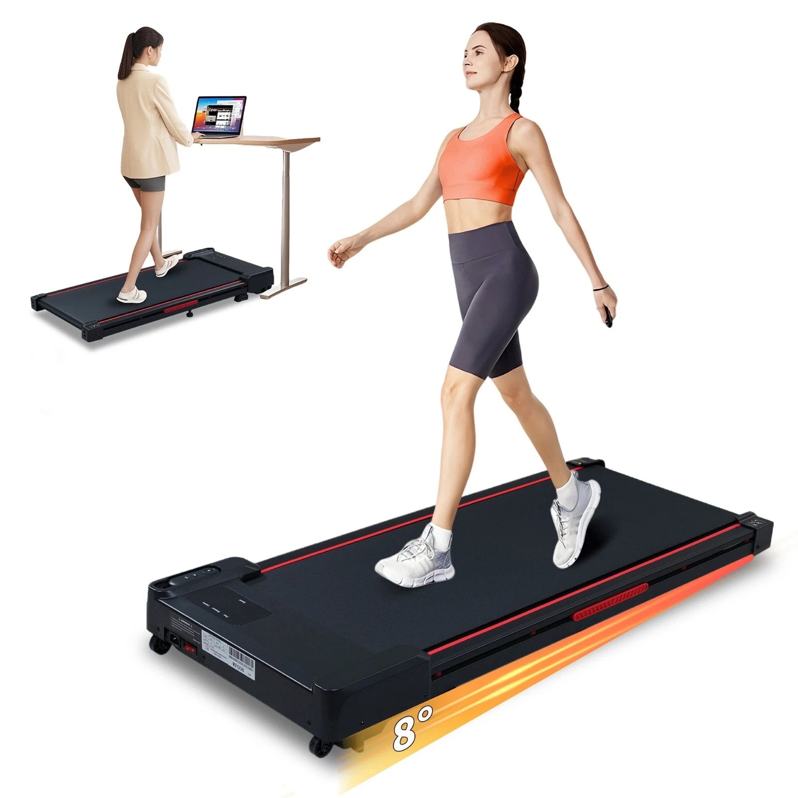 Walking Pad Treadmill 2.5HP 8° Incline LED Black Gray