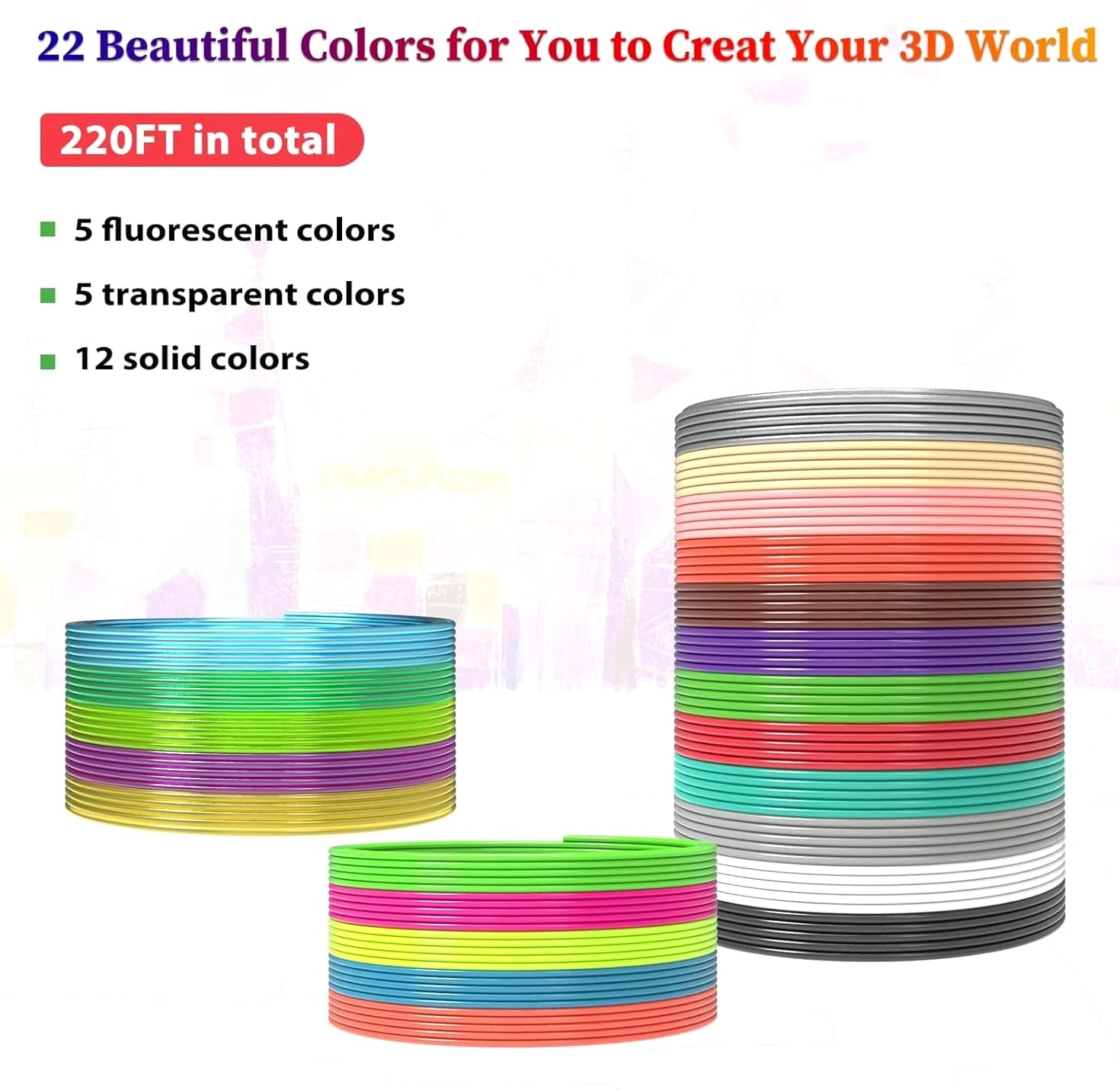 22 Colors 3D Pen Filament 1.75mm PLA - Each Color 10 Feet, Total 220 Feet