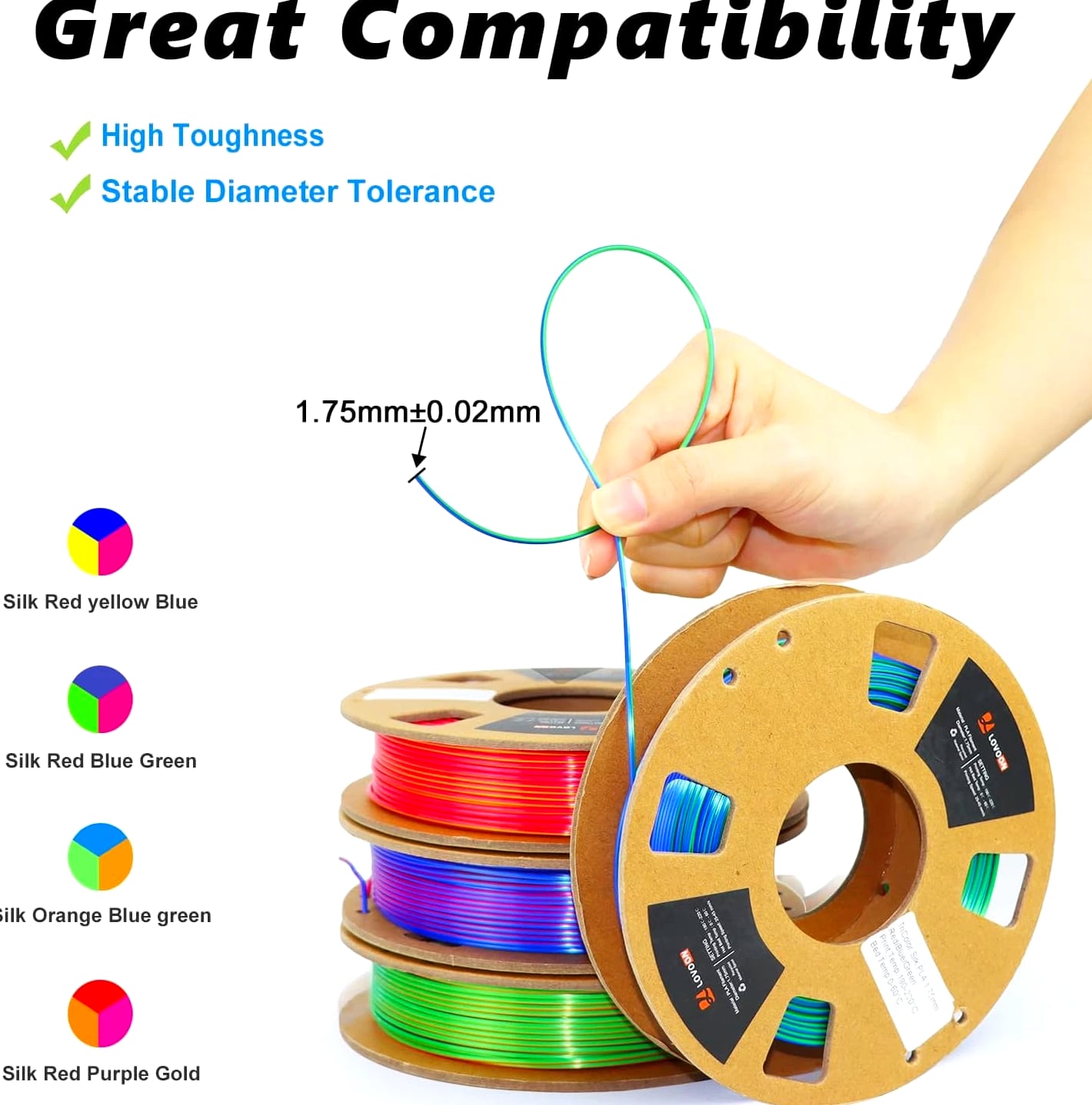 3D PLA Filament 1.75mm Bundle, Tri-Color 3D Printer Filament, Rainbow Silk