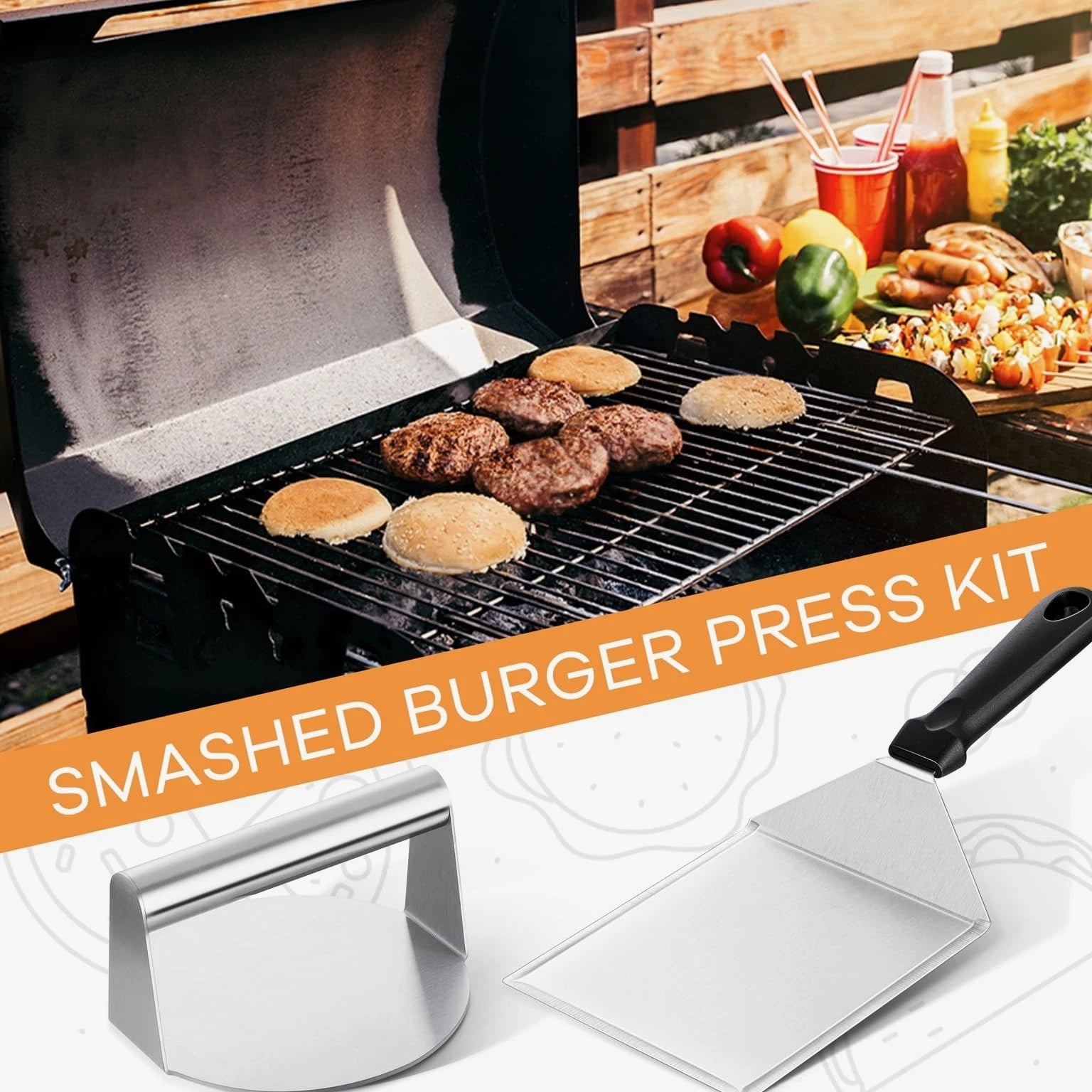 Smashed Burger Kit, Large Burger Spatula, 5½ inch Stainless Steel Burger Pres...