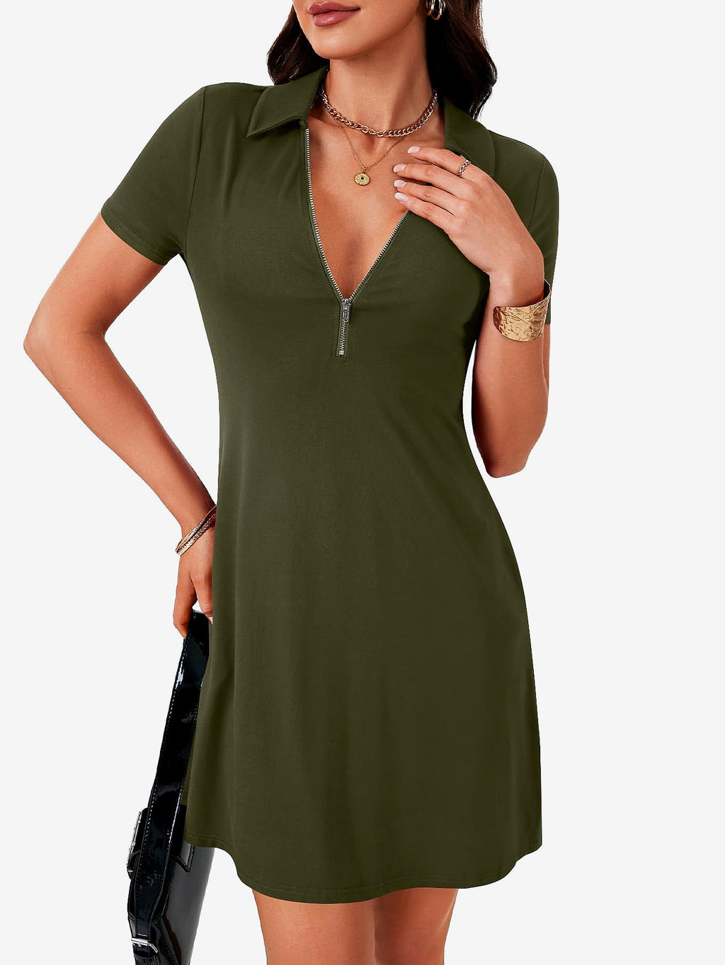 LYANER Women's V-Neck Zipper Mini Dress with Ruffle Sleeves
