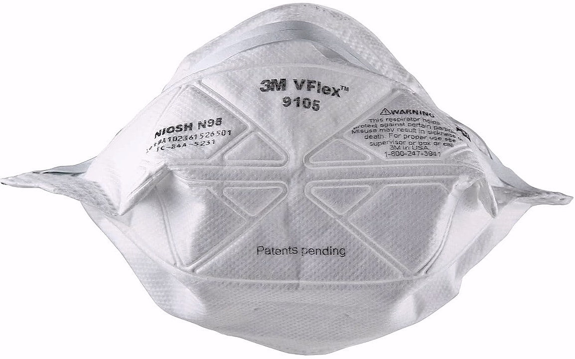 3M N95 Disposable Respirator, VFlex Particulate Respirator 9105, Pack of 50, Standard Size, NIOSH Approved, For Sweeping, Sanding, Grinding, Sawing, Bagging, Dust