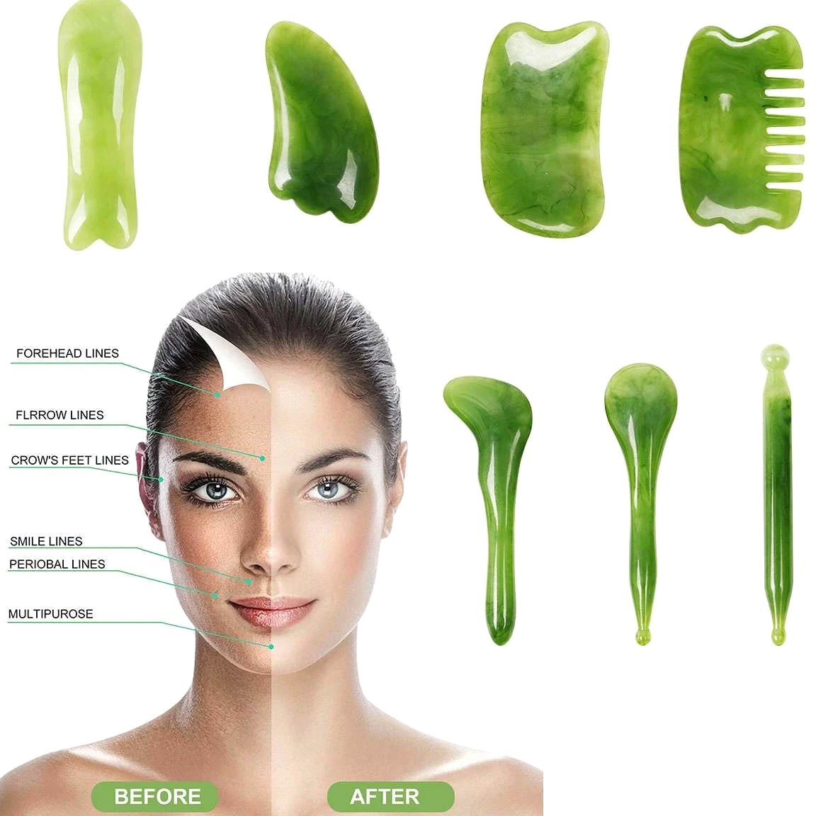 7 Pcs Jade Gua Sha Board Beauty Facial Roller Set Natural Face Neck Massager Tool