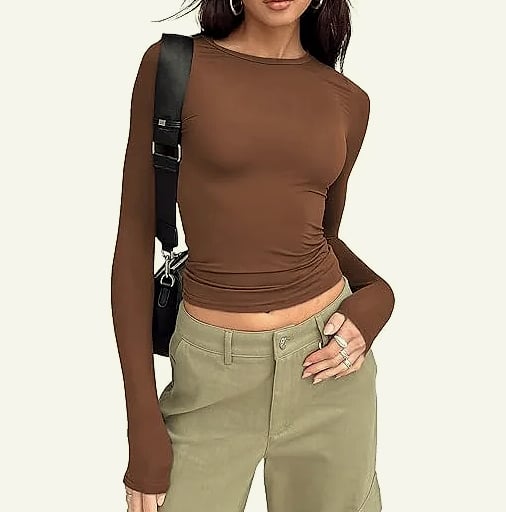 Women's Long Sleeve Crew Neck T-Shirt Slim Fit Solid Tee