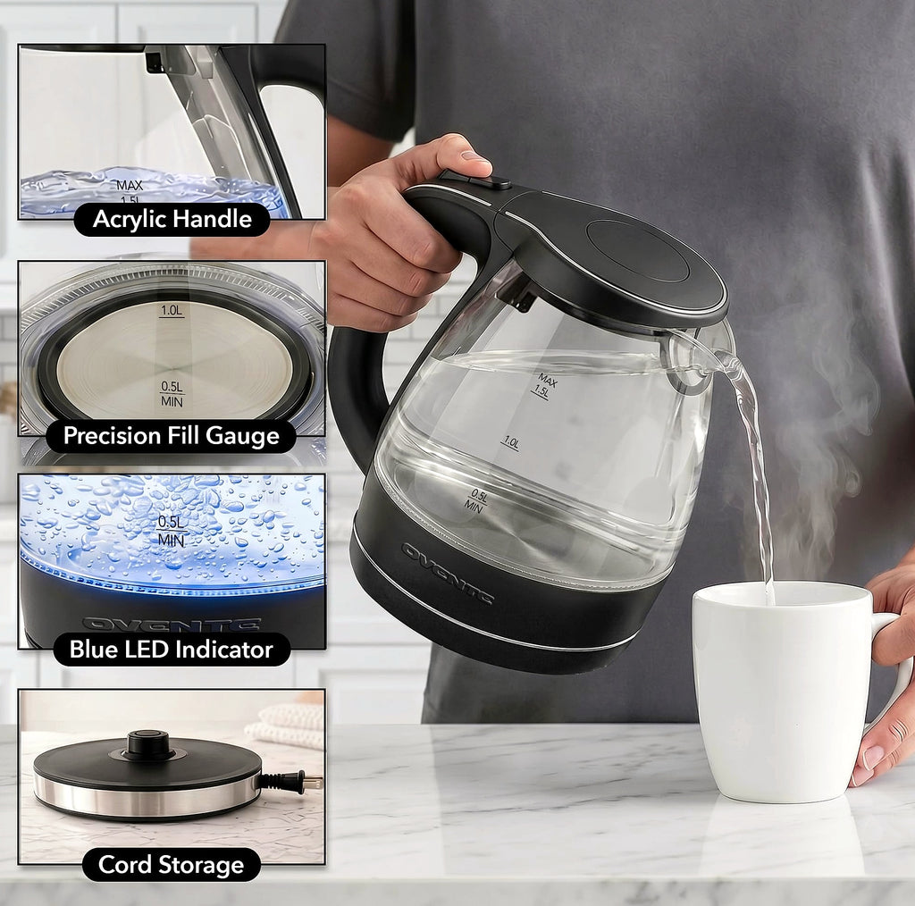 OVENTE KG83B Electric Kettle, 1.5L Borosilicate Glass Water Boiler